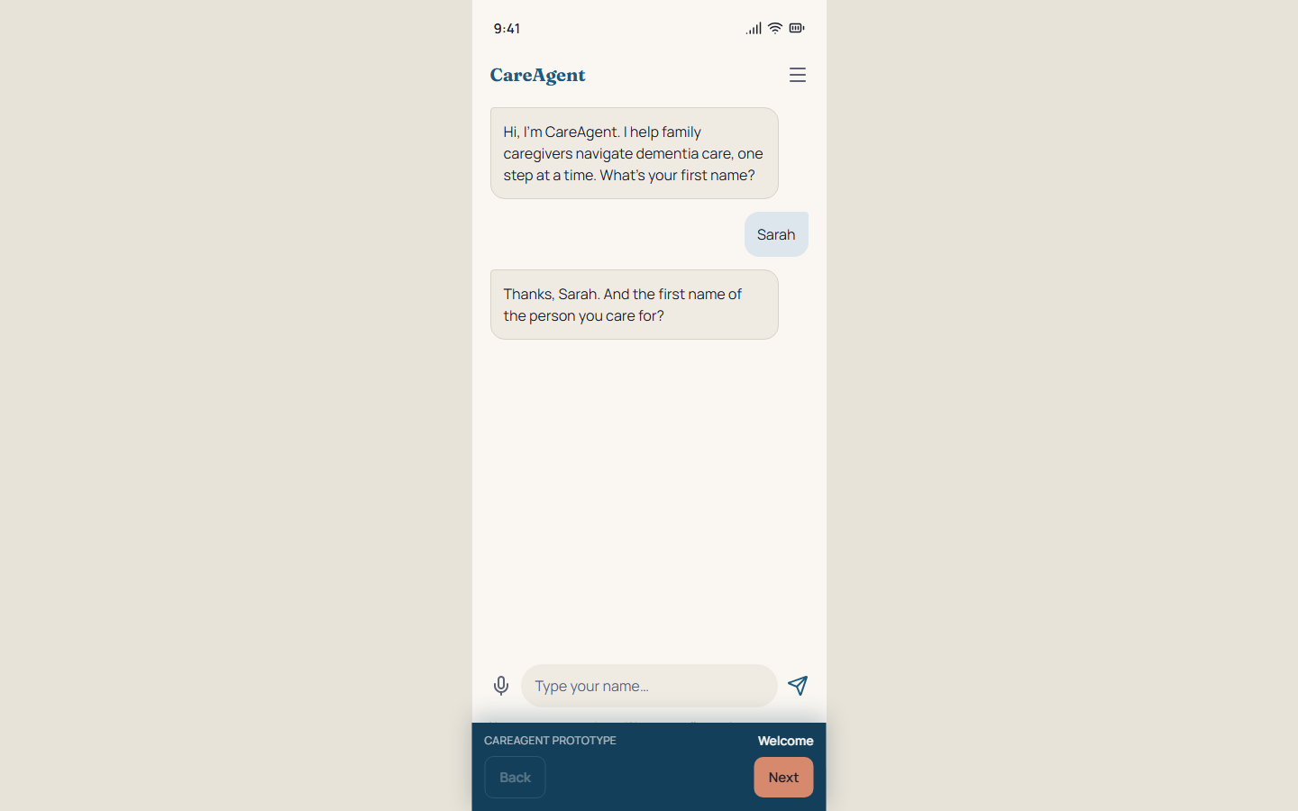 CareAgent chat interface