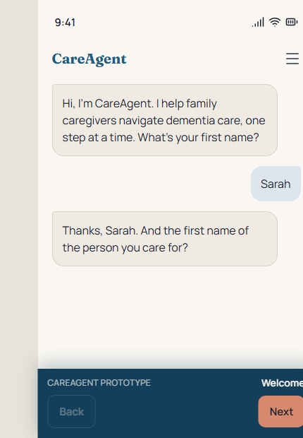 CareAgent chat: it greets a caregiver, takes their name, and asks step by step who they care for