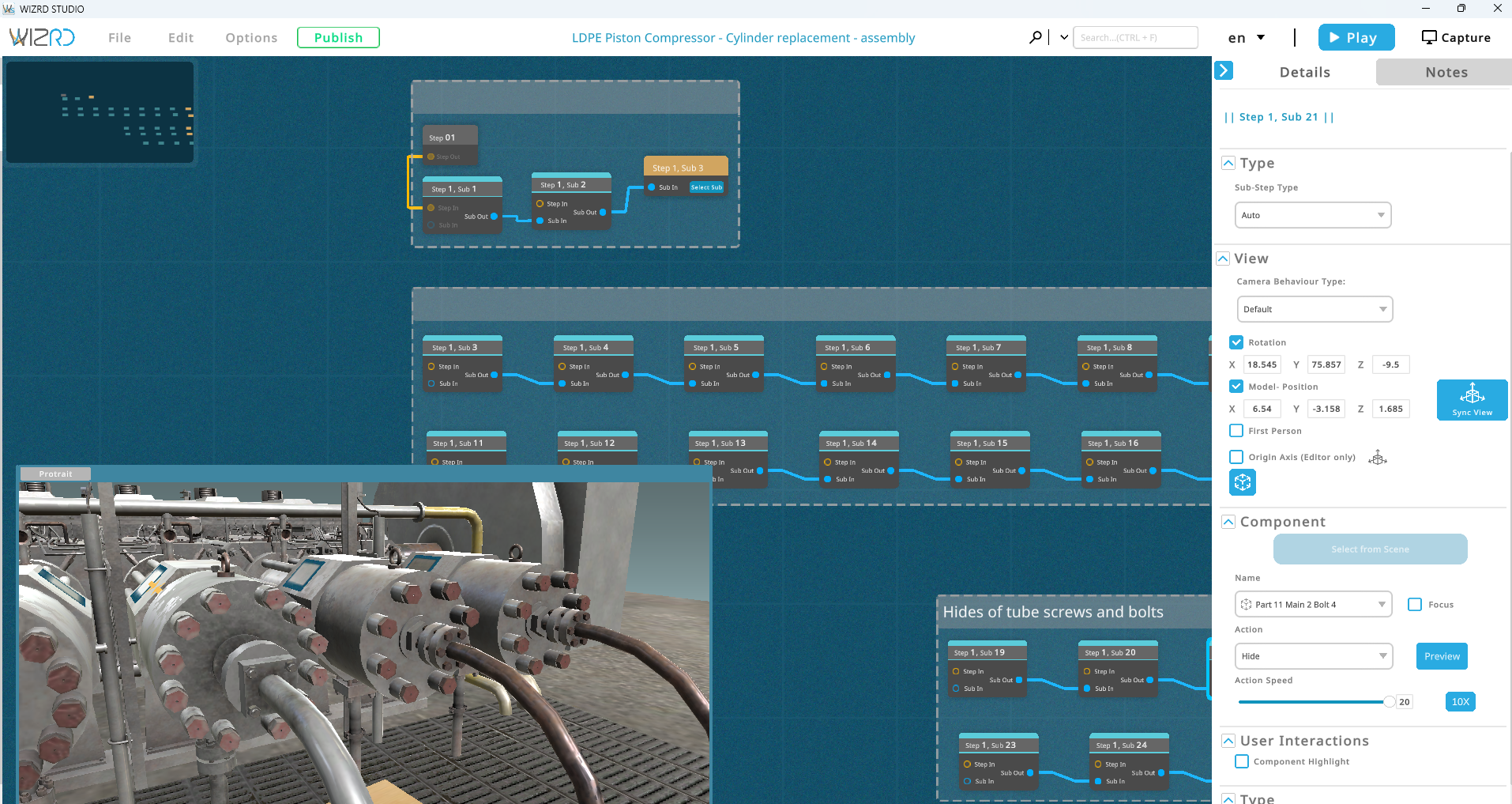 WIZRD Studio authoring tool: a maintenance procedure built as a node graph of steps and sub-steps, with a live 3D preview of an industrial LDPE piston compressor