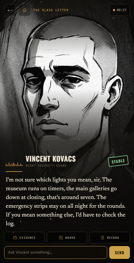 Interrogating Vincent Kovacs the night guard: his portrait, a live in-character AI reply, and a mood meter reading STABLE